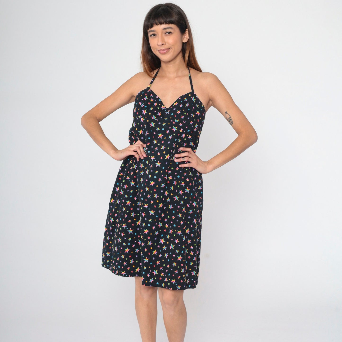Y2K Black Rainbow Star Print Halter Midi Dress Empire Waist Sleeveless Medium
