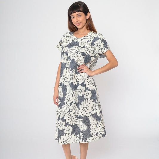 80s Hawaiian Floral Grey Midi Tent Dress Hibiscus Print Medium