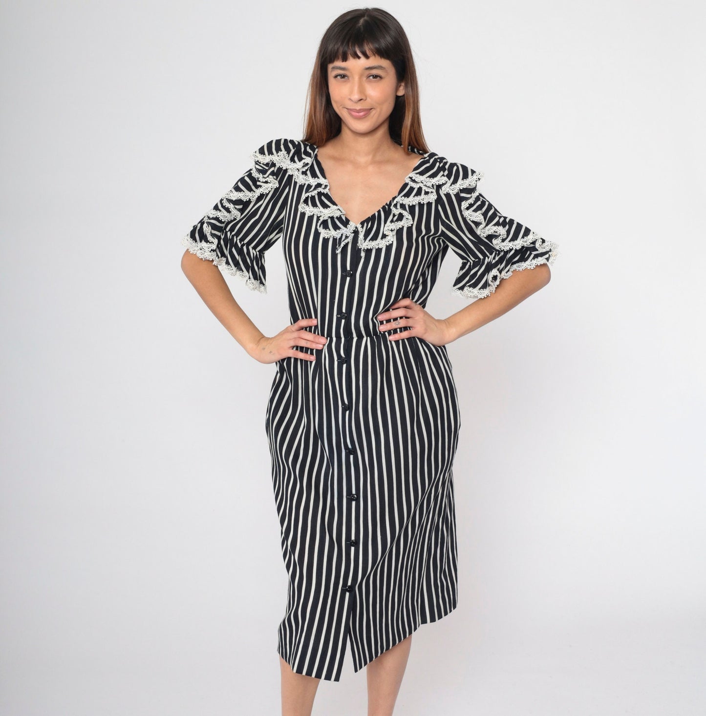 70s Mollie Parnis Black White Striped Midi Dress Button Up Lace Ruffle Small