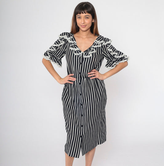70s Mollie Parnis Black White Striped Midi Dress Button Up Lace Ruffle Small