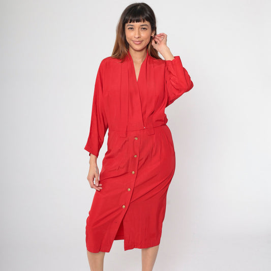 90s Red Button-Up Midi Dress Dolman Sleeve High Waist Faux Wrap Small 6
