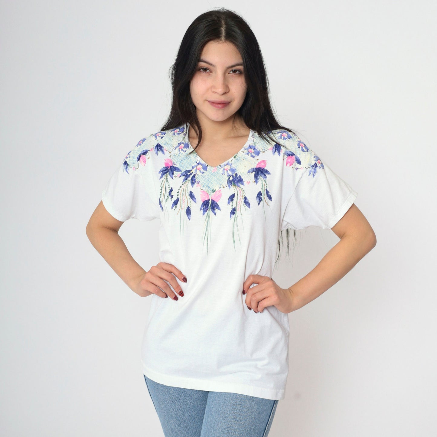 90s Floral Graphic T-Shirt White Metallic Gold Studs Single Stitch Small
