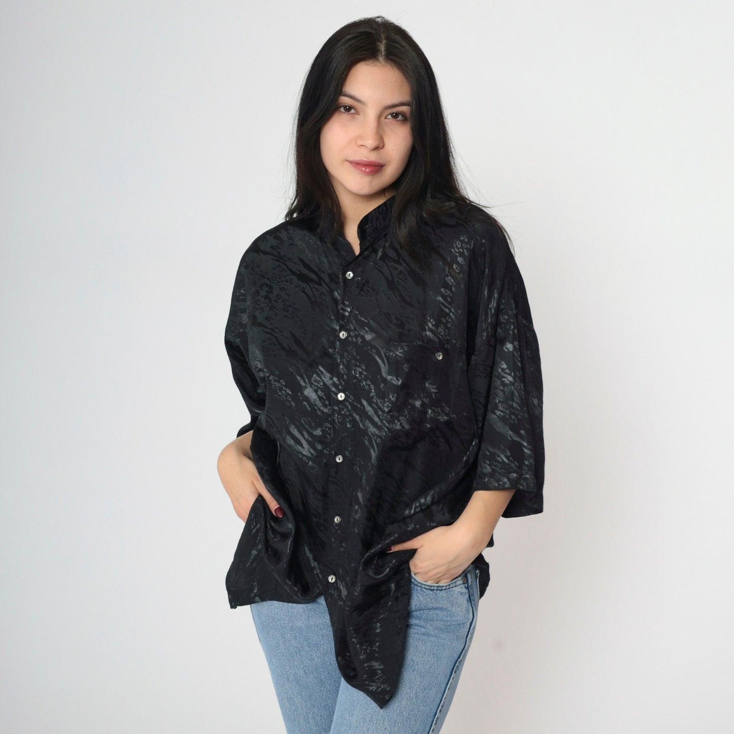 90s Animal Print Shiny Black Button-Up Shirt Zebra Leopard Stripe Large L