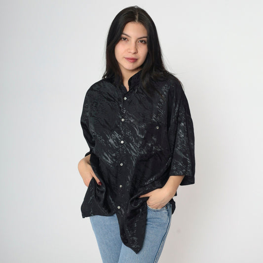 90s Animal Print Shiny Black Button-Up Shirt Zebra Leopard Stripe Large L