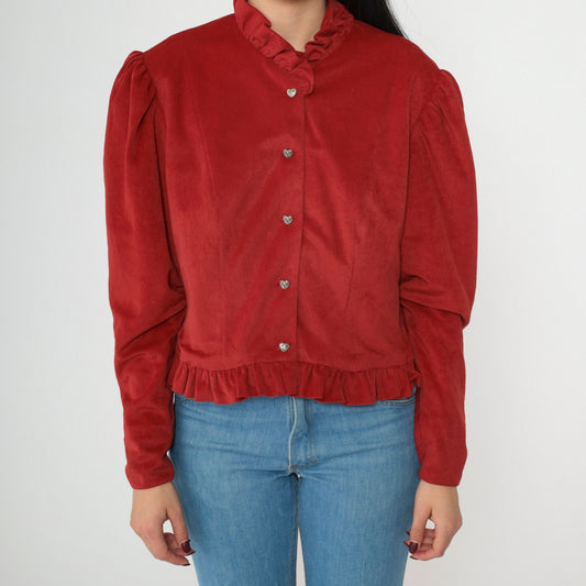 70s Red Velour Button-Up Blouse Puff Sleeve Ruffled Heart Medium