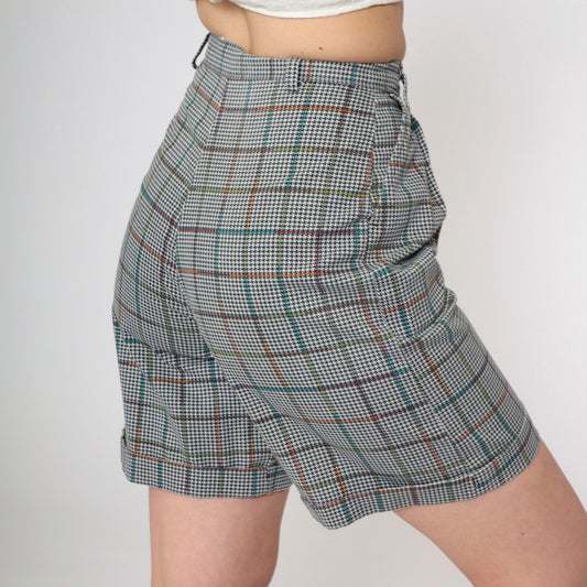 80s Houndstooth High-Waisted Shorts Black White Pleated Extra Small XS