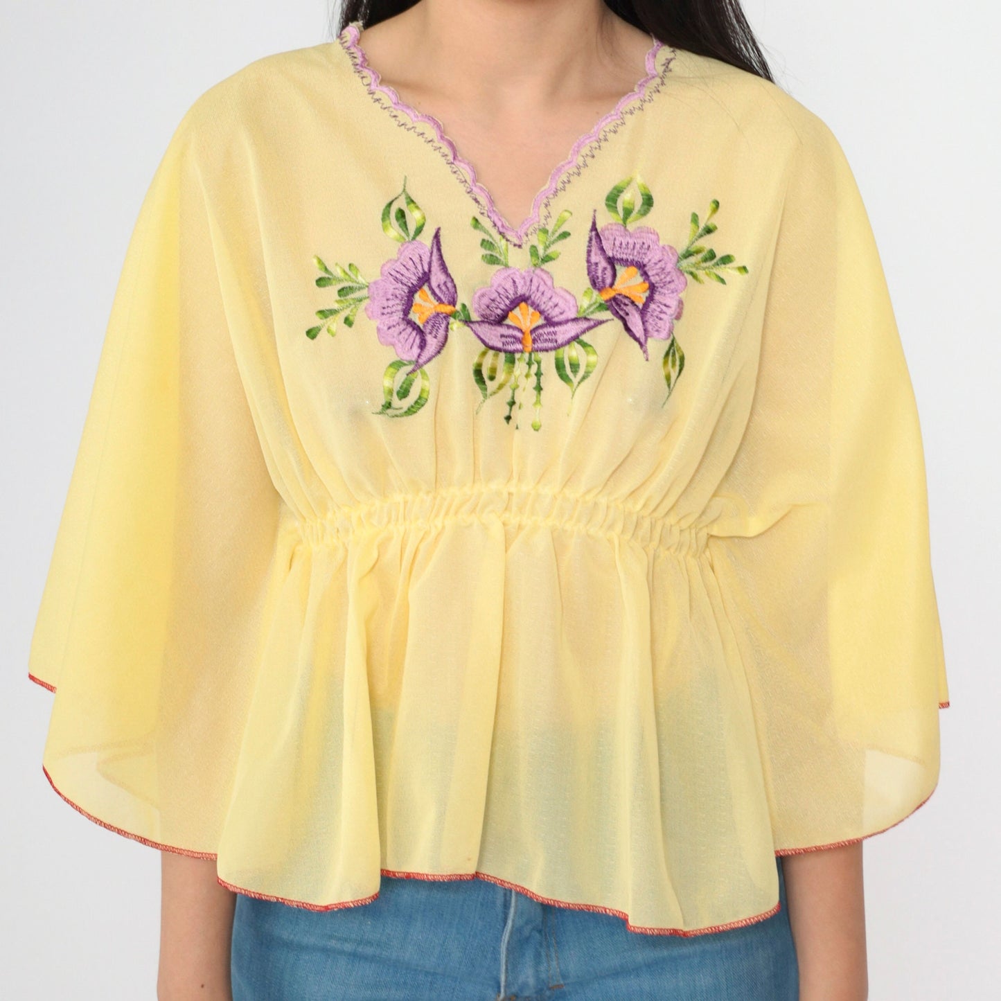 70s Yellow Floral Embroidered Caftan Top Sheer V-Neck Small Medium