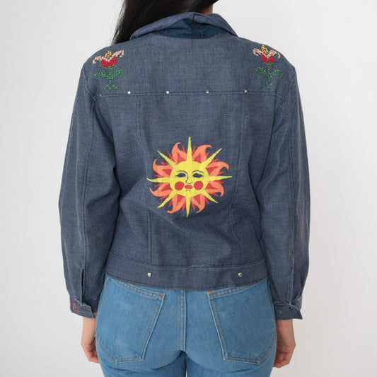 70s Chambray Jacket Floral Embroidered Hand Painted Sun Denim Trucker Small