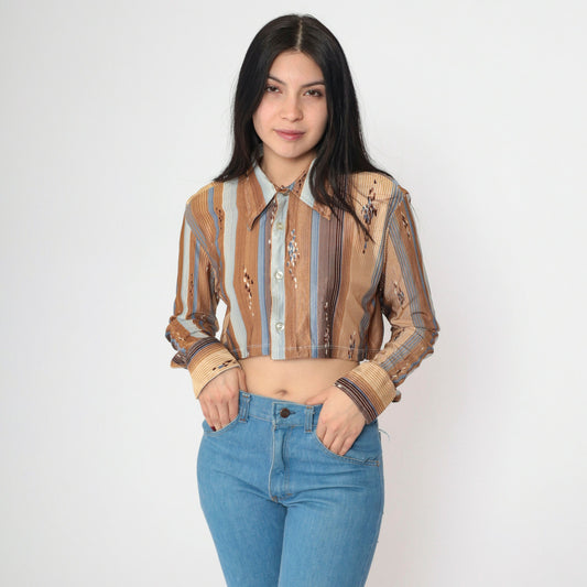 70s Striped Raindrop Print Crop Blouse Button-Up Long Sleeve Brown Green Small
