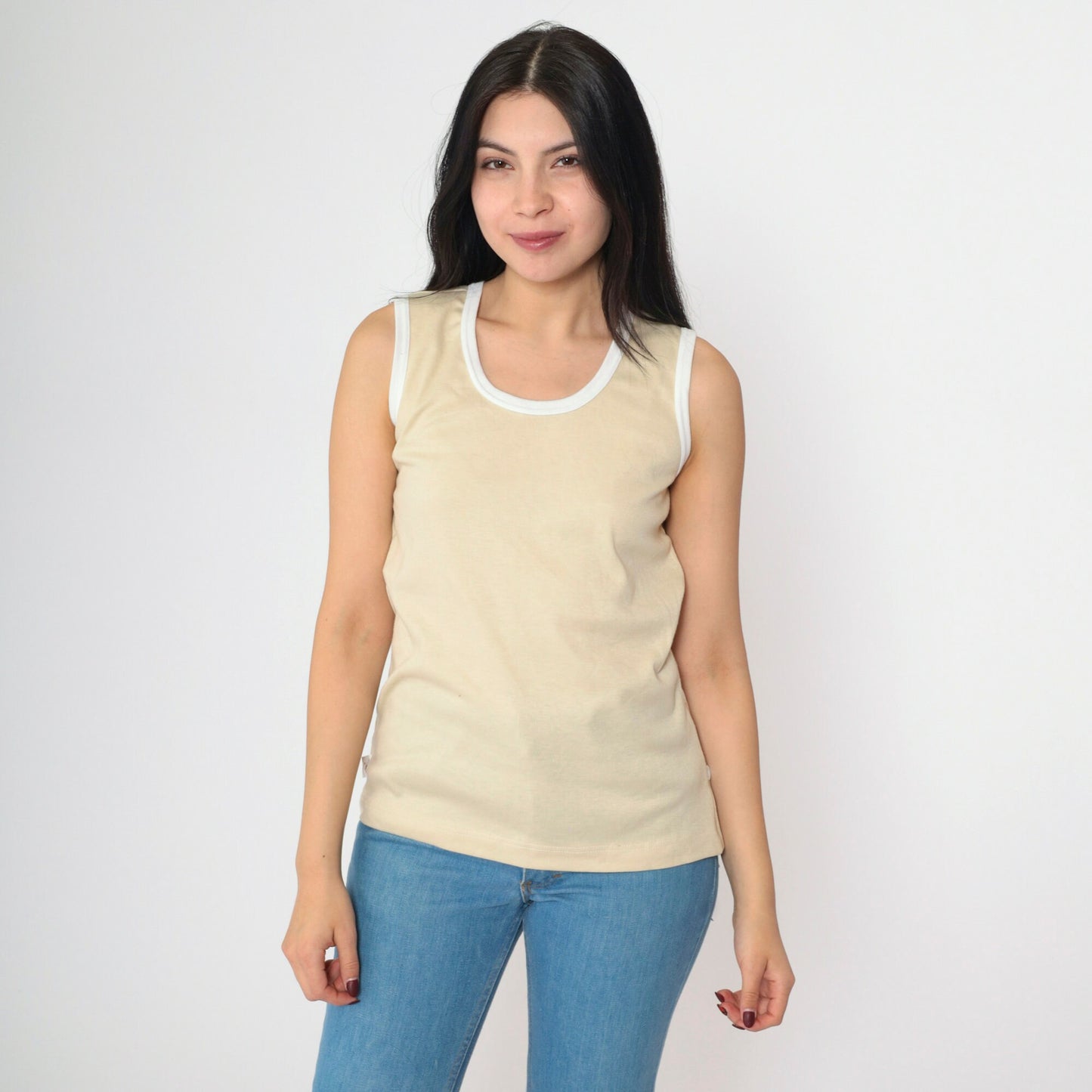 80s Jantzen Beige Tank Top Ringer Trim Scoop Neck Small