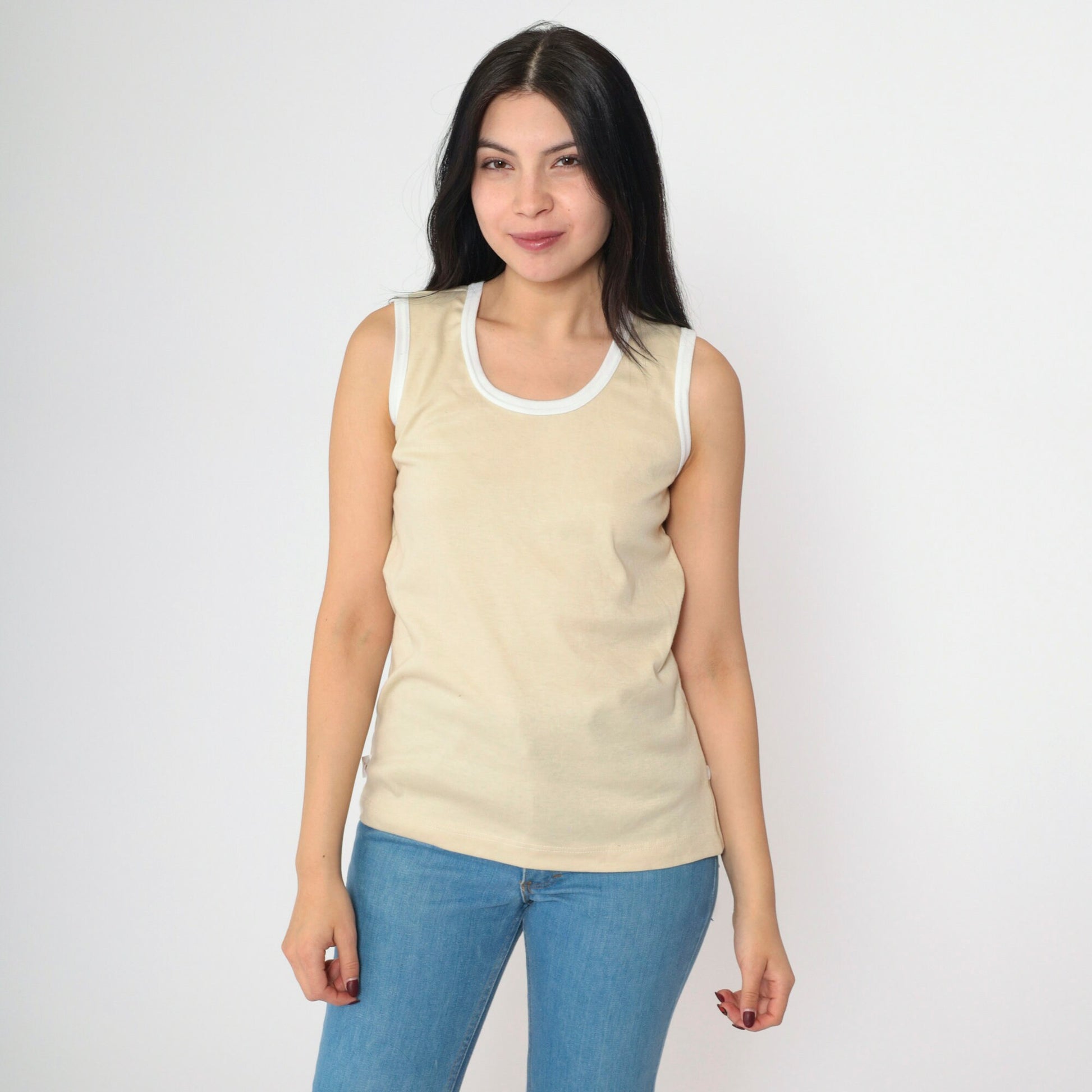 80s Jantzen Beige Tank Top Ringer Trim Scoop Neck Small
