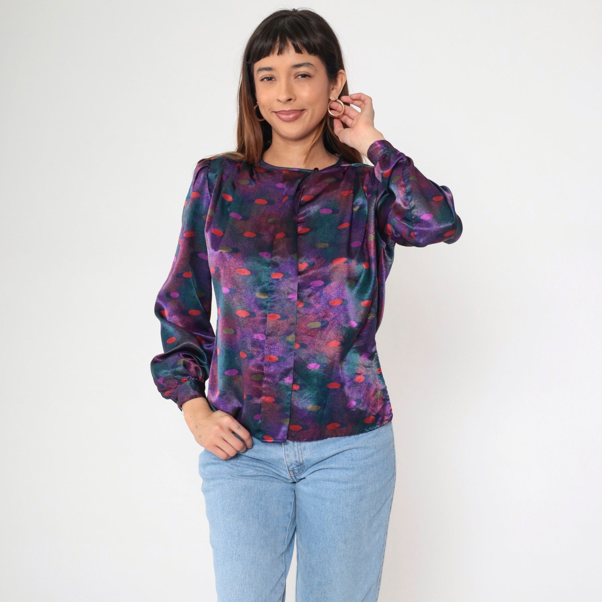 80s Polka Dot Puff Sleeve Button-Up Blouse Multicolor Polyester Small