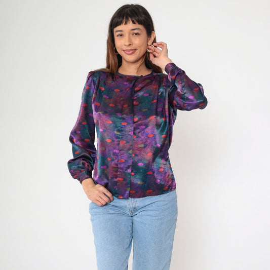 80s Polka Dot Puff Sleeve Button-Up Blouse Multicolor Polyester Small