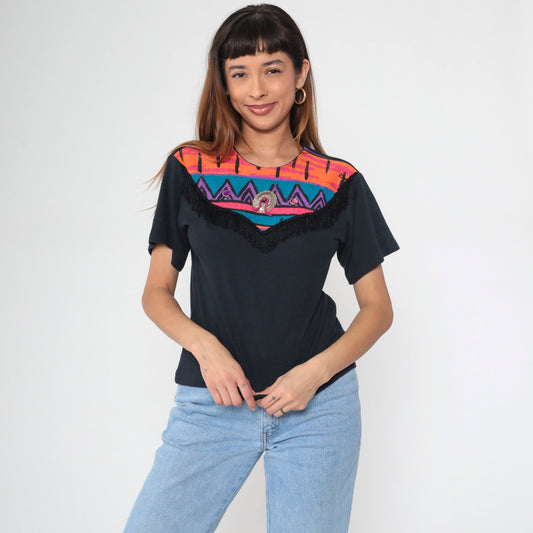 90s Southwest Fringe T-Shirt Black Rhinestone Yoke Small