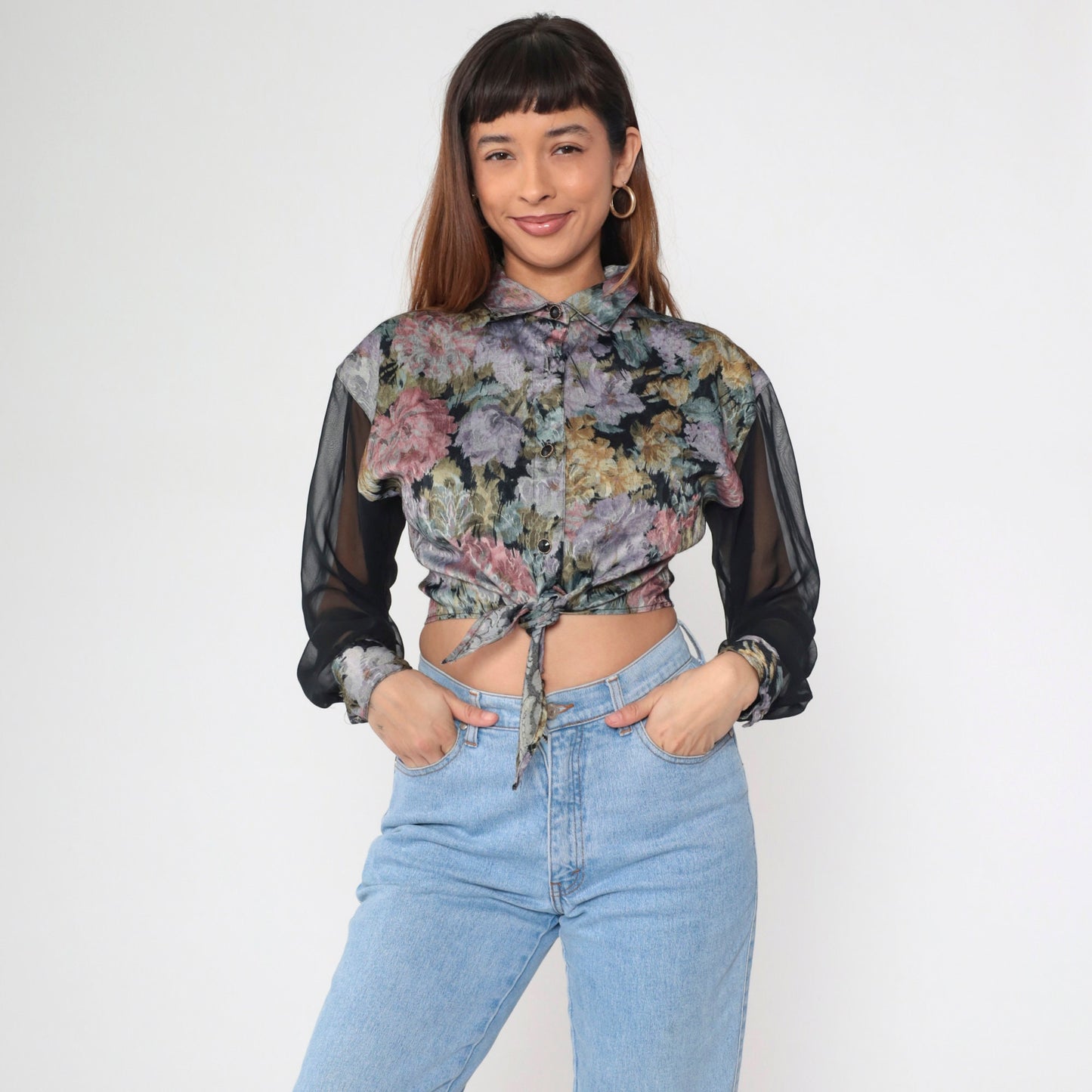 90s Floral Crop Top Button Up Blouse Sheer Chiffon Sleeves Small