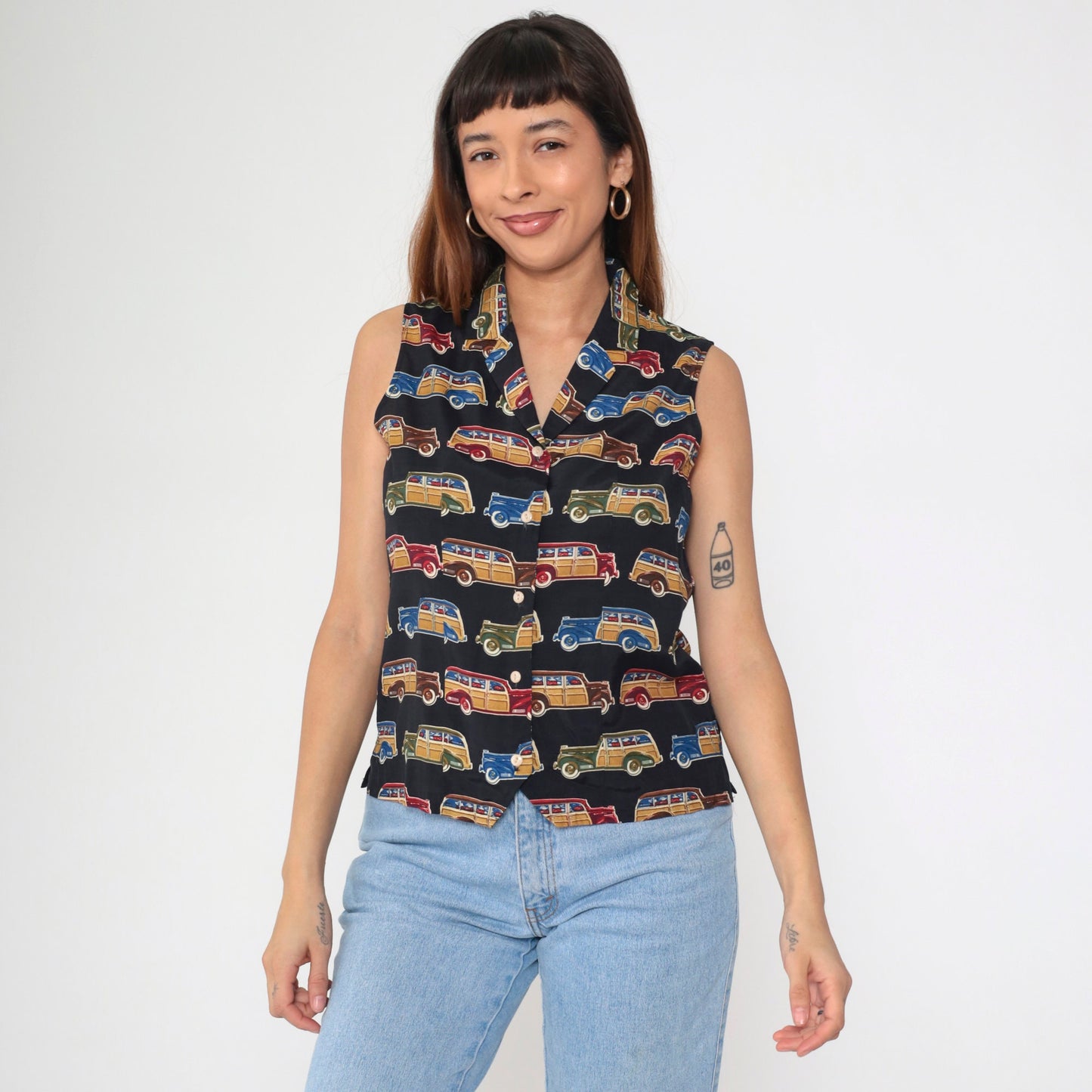 90s Classic Car Print Sleeveless Button-Up Blouse White Collar Small