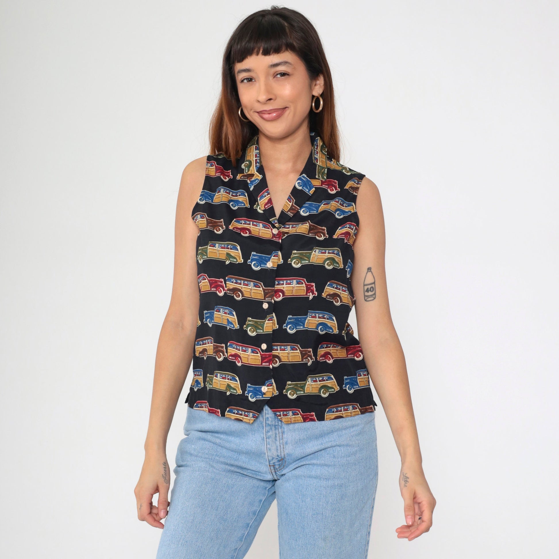 90s Classic Car Print Sleeveless Button-Up Blouse White Collar Small