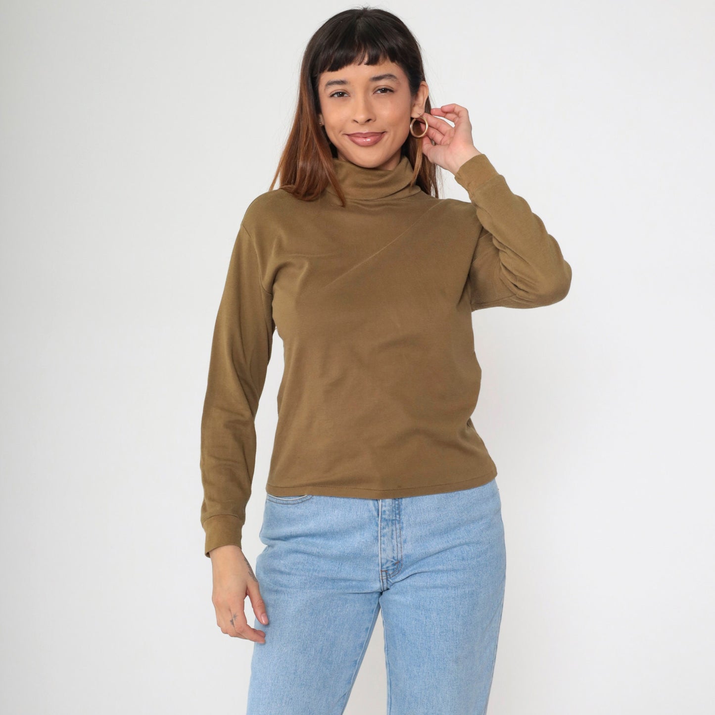 90s Brown Turtleneck Long Sleeve Shirt Cotton Blend Medium