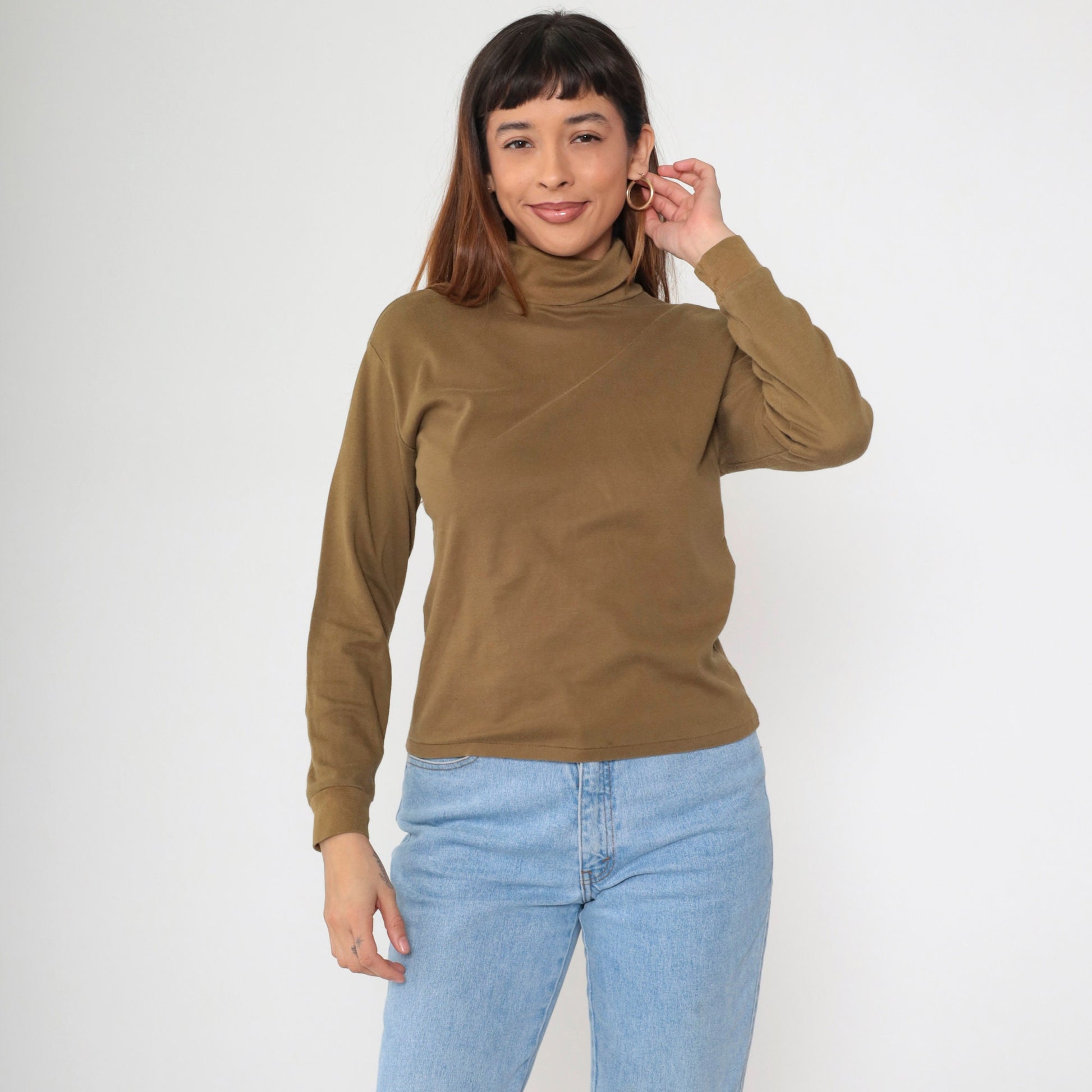 90s Brown Turtleneck Long Sleeve Shirt Cotton Blend Medium