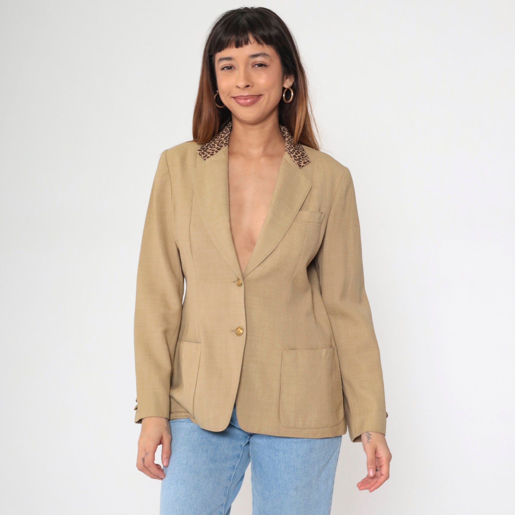 90s Tan Blazer Leopard Print Collar Deep V Neck Princess Seam Small S