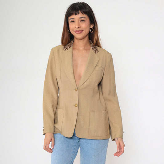 90s Tan Blazer Leopard Print Collar Deep V Neck Princess Seam Small S
