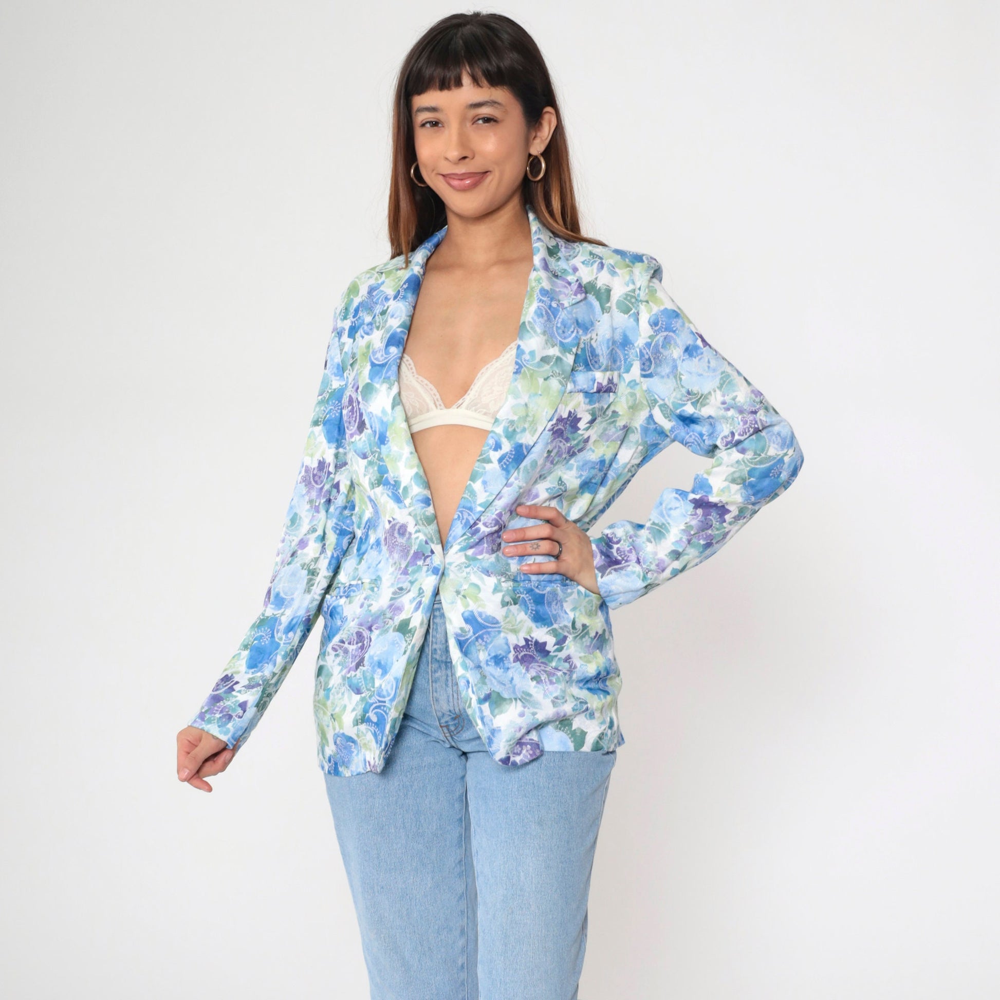 90s Floral Jacquard Blazer Blue Green Paisley Notch Lapel Medium