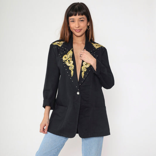 90s Black Blazer Gold Embroidered Rhinestone Studs Single Button Medium