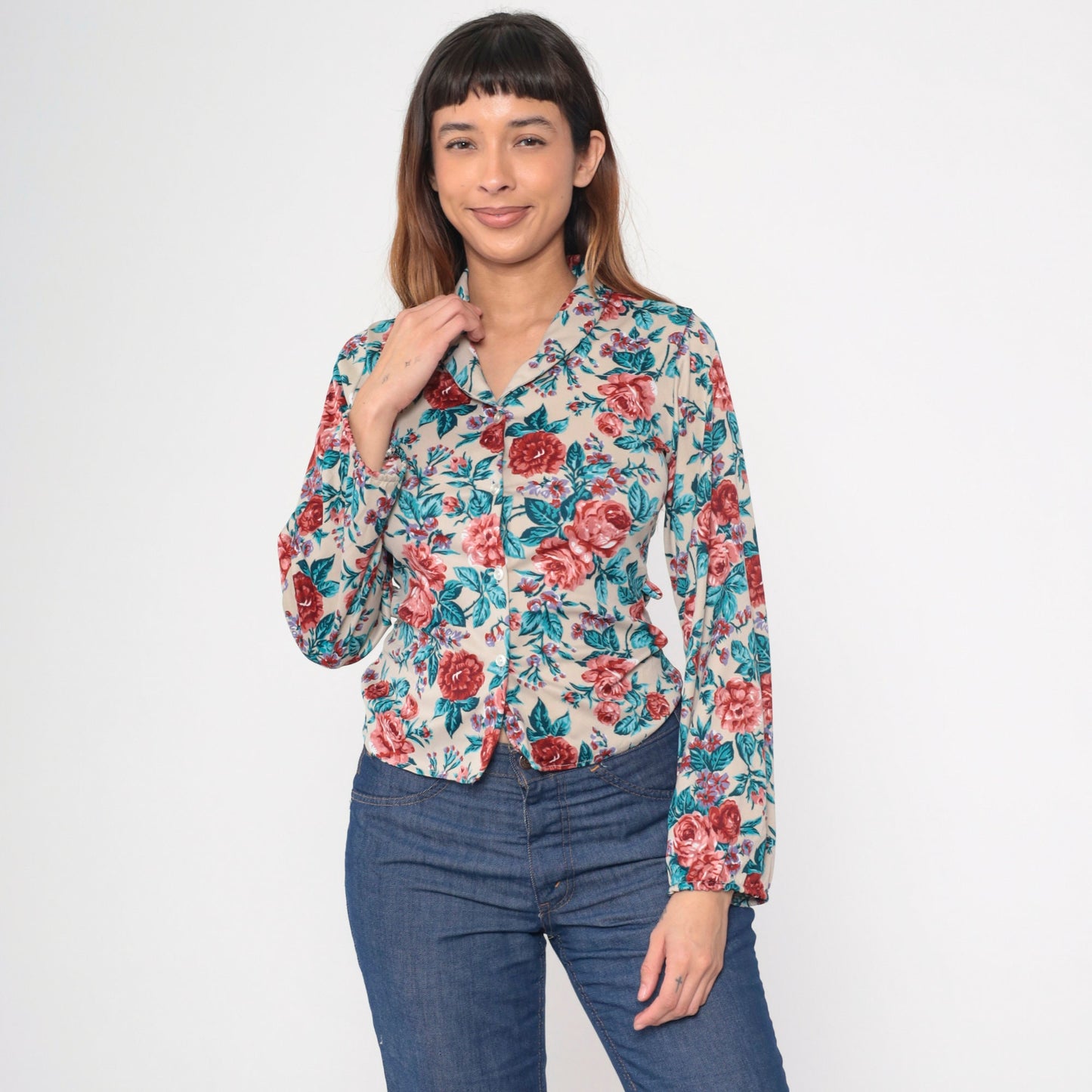 70s Floral Print Button-Up Blouse Taupe Pink Blue Long Sleeve Collar Medium