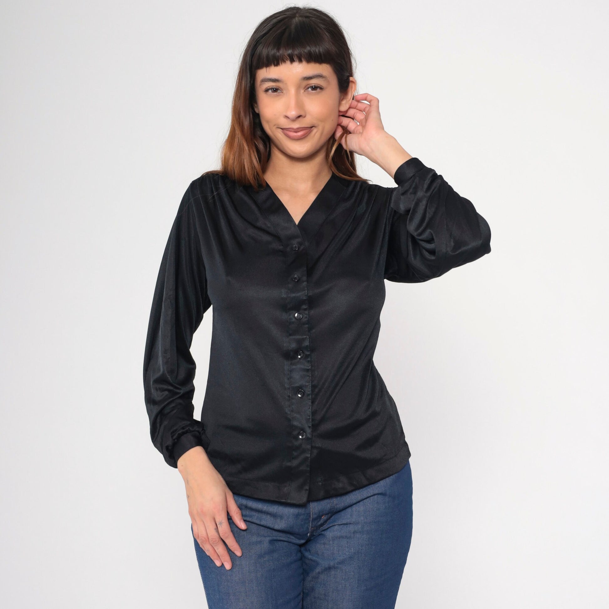 70s Black Polyester Button-Up Blouse V-Neck Long Sleeve Small S