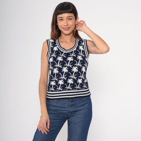 70s Palm Tree Knit Vest Navy White Scoop Neck Sleeveless Top Small S