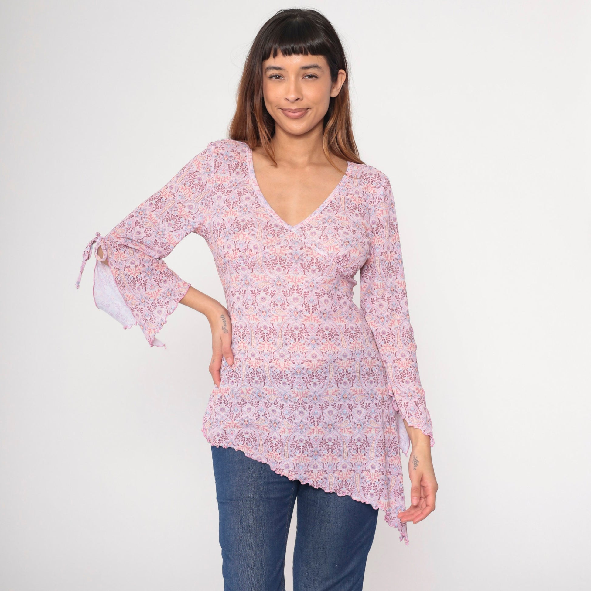Y2K Paisley V-Neck Blouse Pink Bell Sleeve Asymmetrical Lettuce Edge Large L