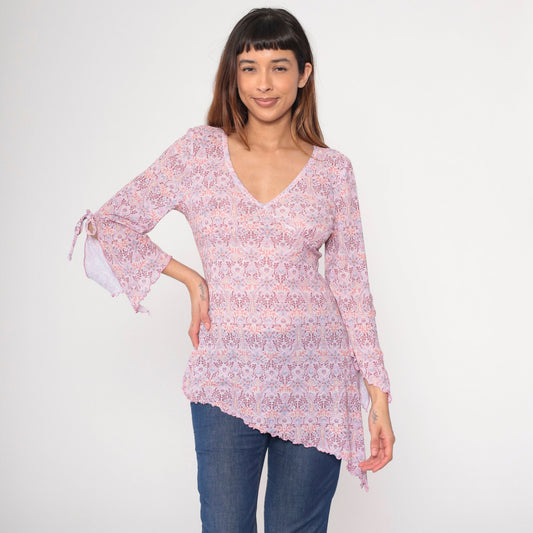 Y2K Paisley V-Neck Blouse Pink Bell Sleeve Asymmetrical Lettuce Edge Large L