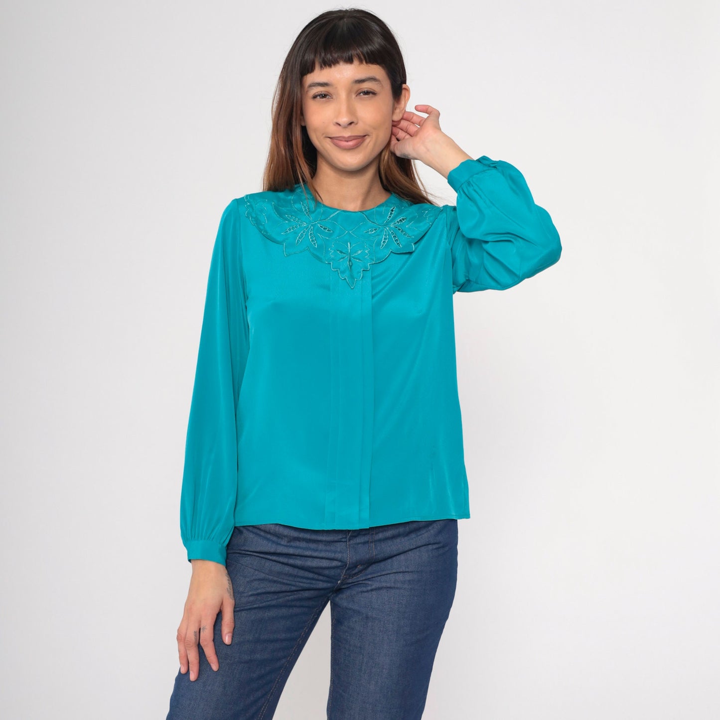80s Teal Embroidered Cutwork Collar Blouse Button-Back Long Sleeve Small