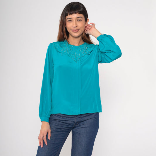 80s Teal Embroidered Cutwork Collar Blouse Button-Back Long Sleeve Small