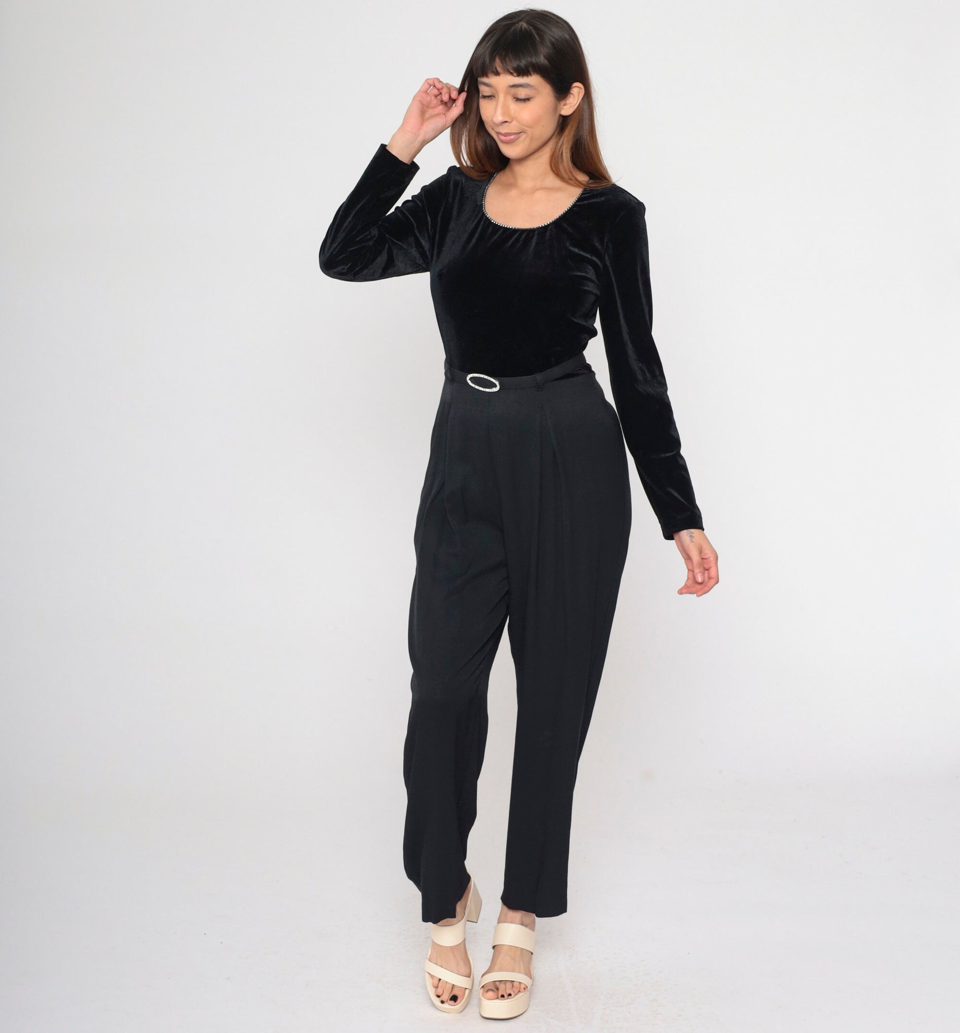 90s Black Velvet Jumpsuit Rhinestone Scoop Neck Tapered Long Sleeve Medium