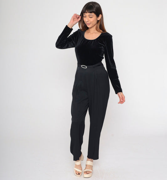 90s Black Velvet Jumpsuit Rhinestone Scoop Neck Tapered Long Sleeve Medium