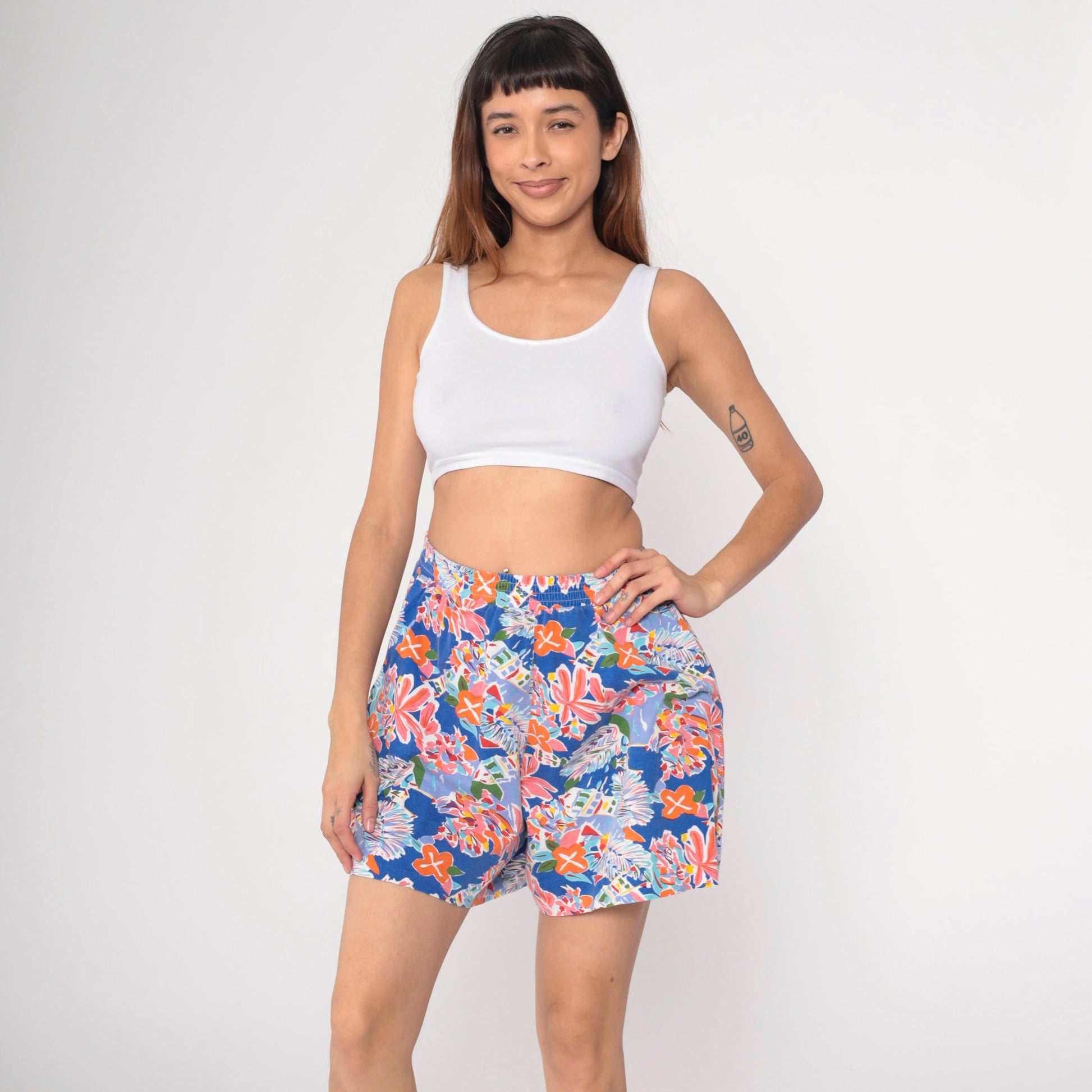 90s Tropical Floral Abstract Cotton Shorts High Waist Small Medium