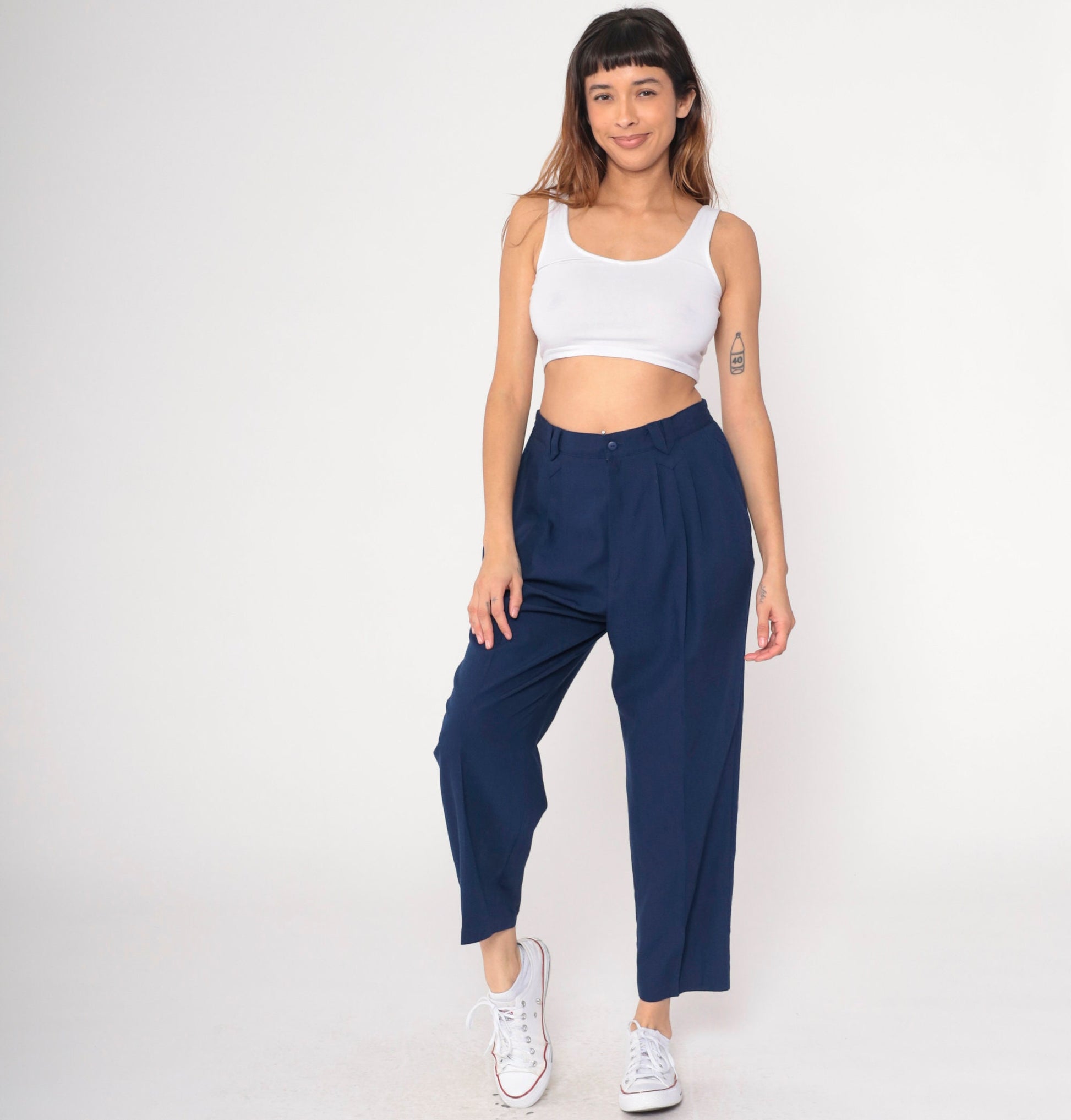 90s Navy Pleated High-Waist Tapered Trousers Medium Large Petite