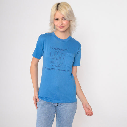 80s Westminster Christian Schools Logo T-Shirt Blue Graphic Tee Extra Small