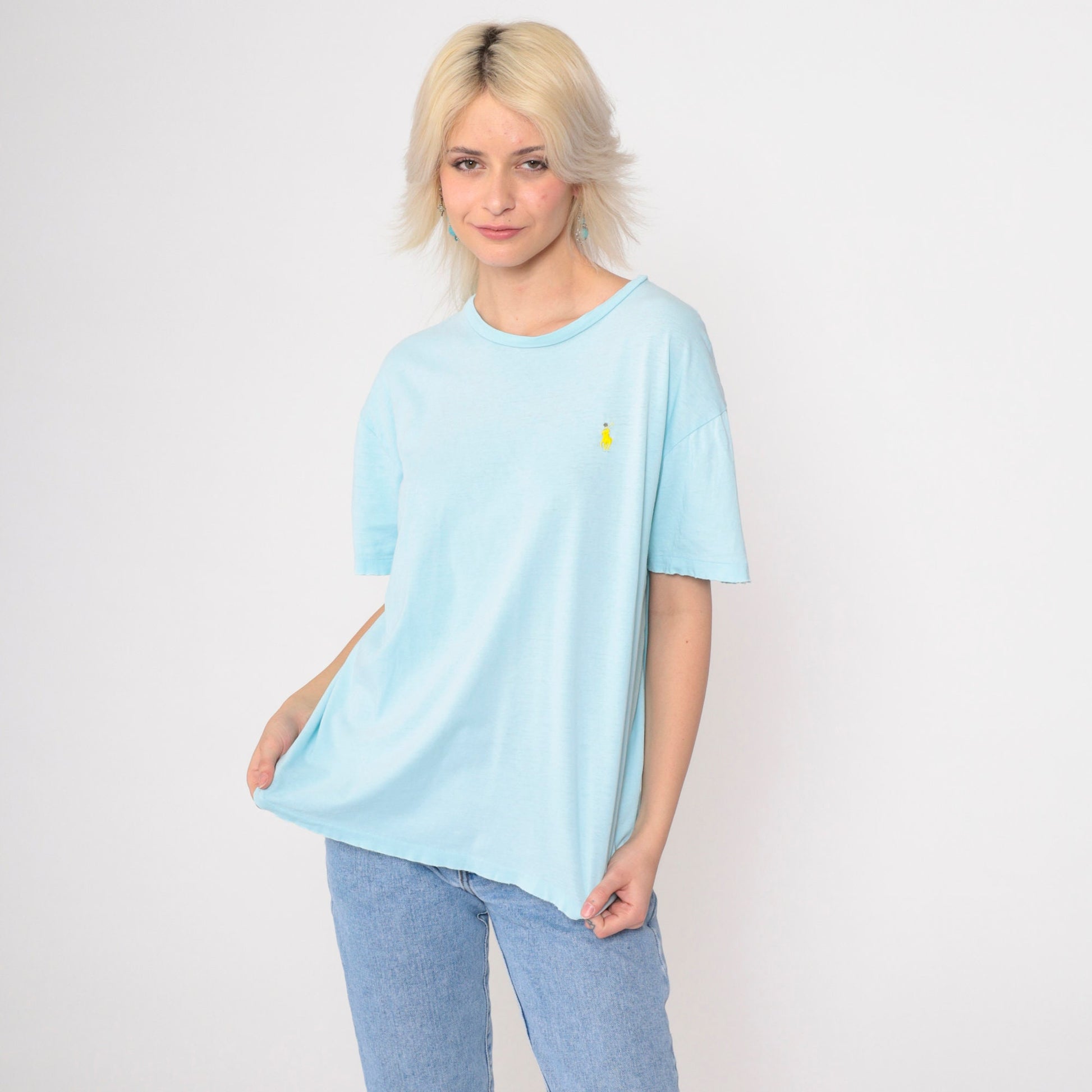90s Polo Ralph Lauren T Shirt Baby Blue Distressed Logo Medium