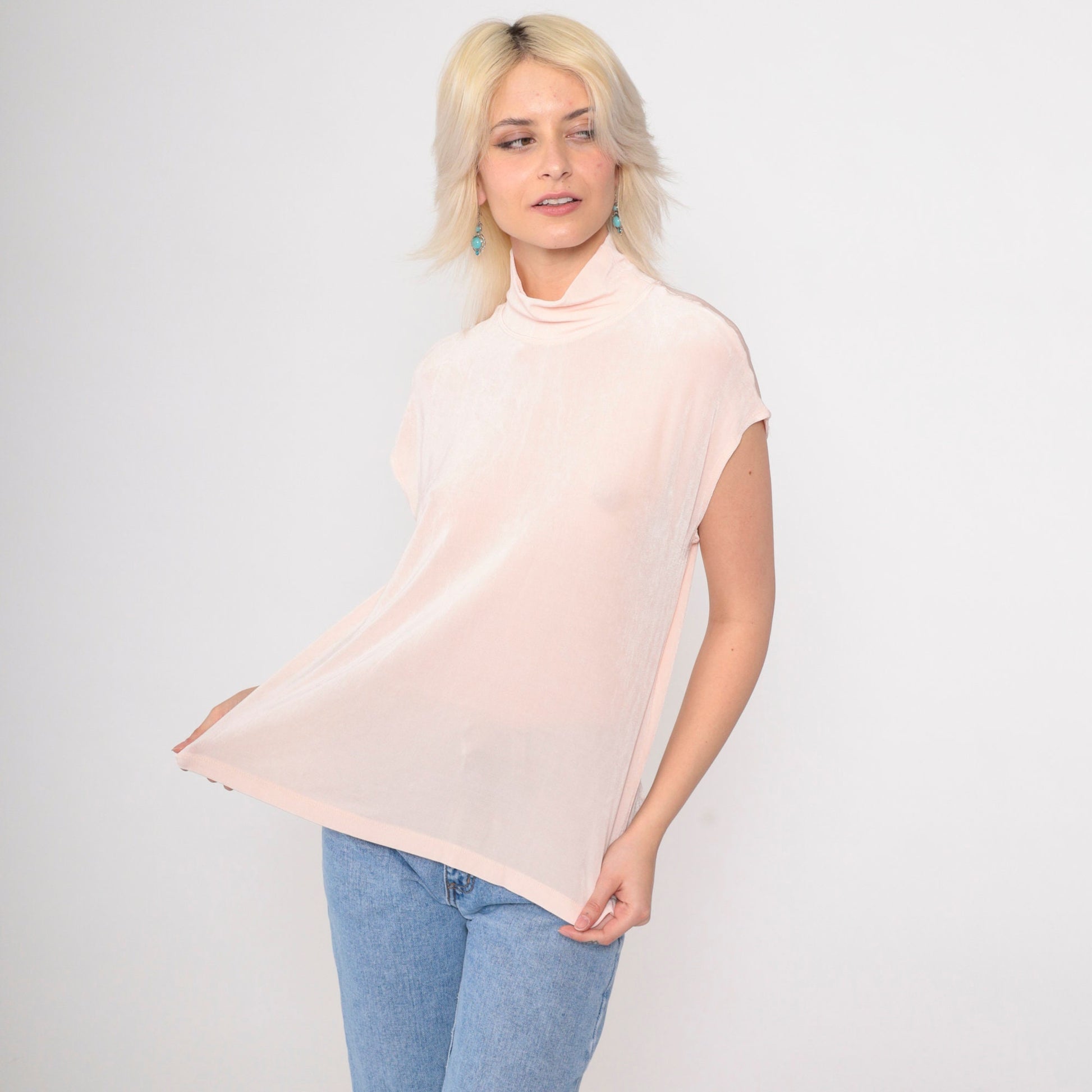 90s Coldwater Creek Mock Neck Top Baby Pink Cap Sleeve Medium M