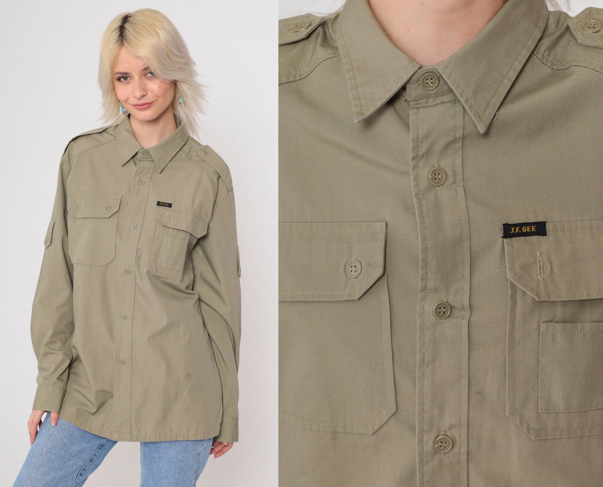 90s Utility Shirt Khaki Military Style Button Up Long Sleeve Medium