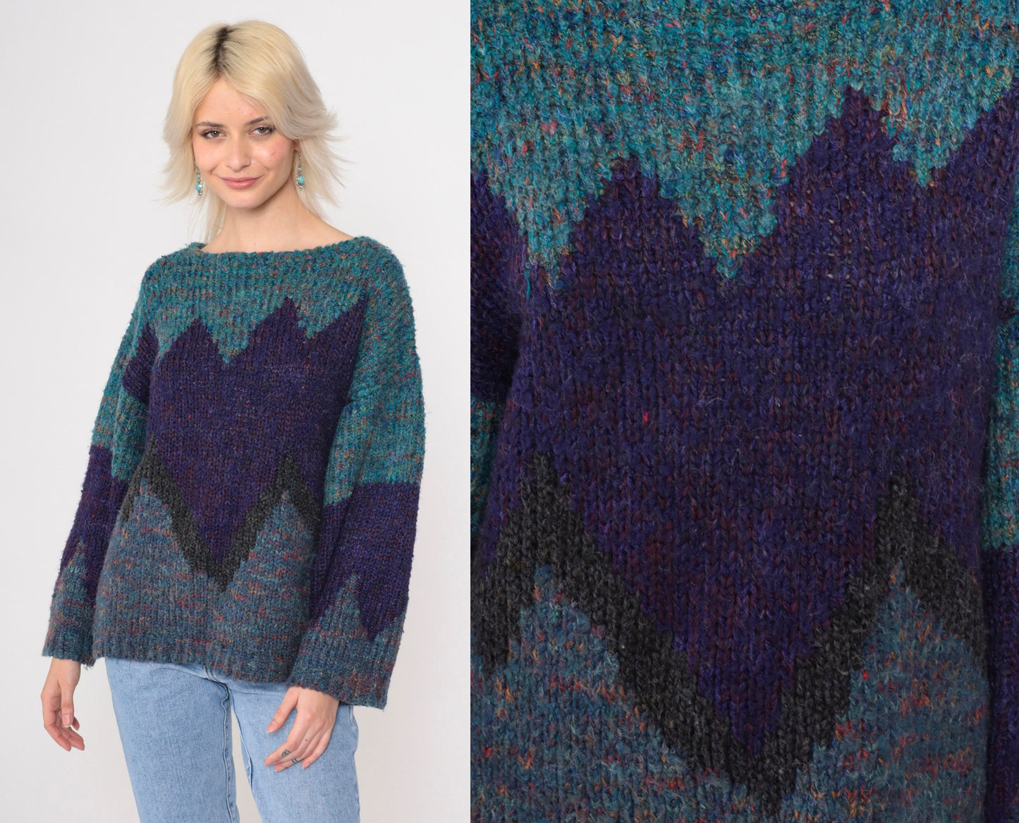 90s Purple Teal Colour Block Wool Blend Sweater Geometric Knit Large L