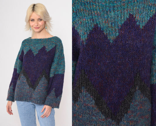 90s Purple Teal Colour Block Wool Blend Sweater Geometric Knit Large L