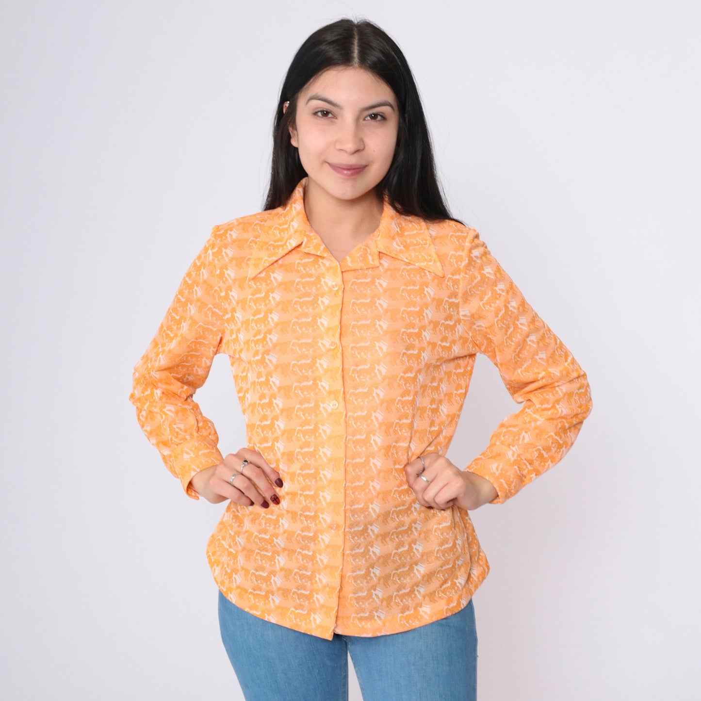 70s Horse Print Orange Button-Up Blouse Long Sleeve Psychedelic Shirt Medium