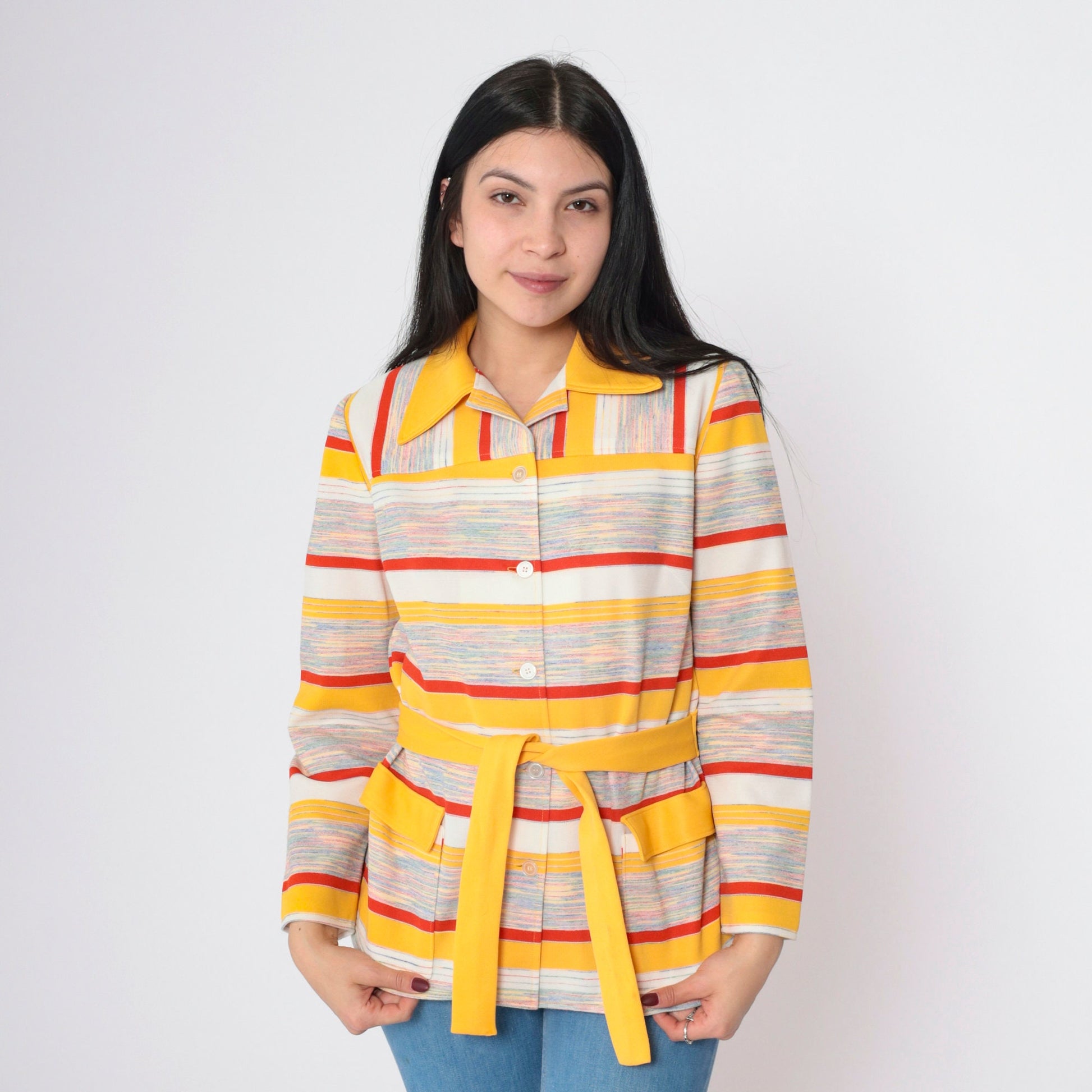 70s Yellow Red Striped Button-Up Blouse Pointed Collar Long Sleeve Small