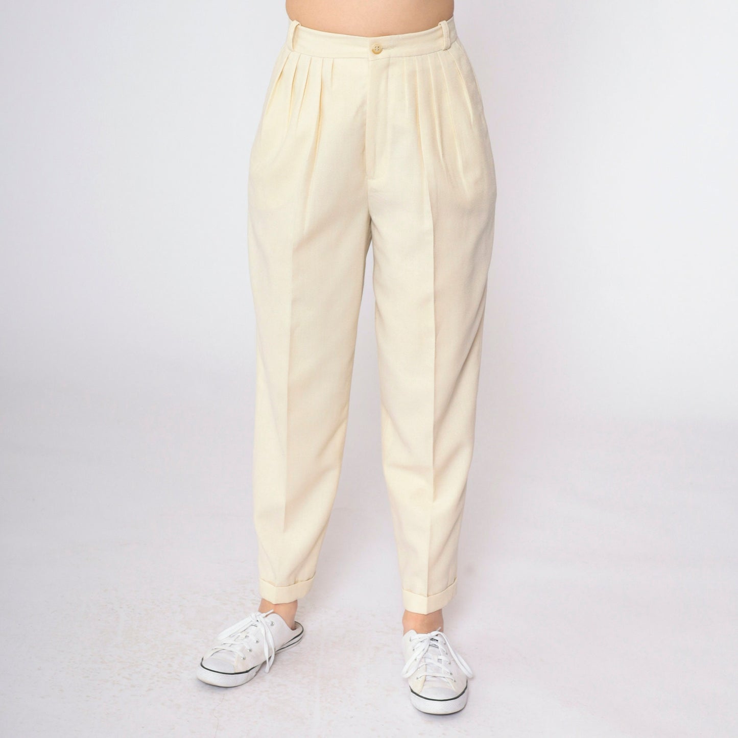 80s Cream Pleated High-Waist Trousers Tapered Leg Small S
