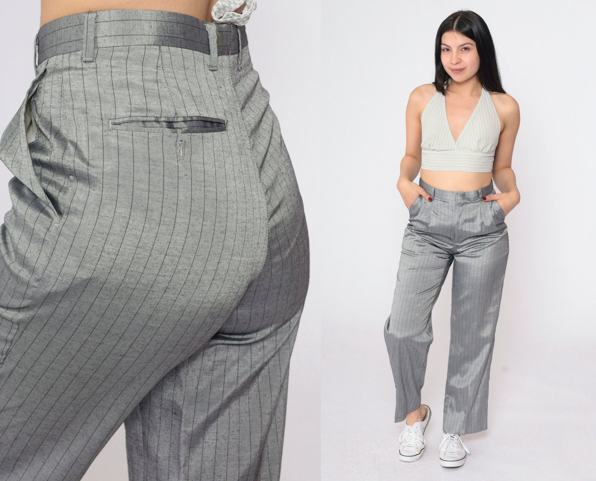 90s Grey Pinstripe High-Waisted Pleated Straight-Leg Trousers Small