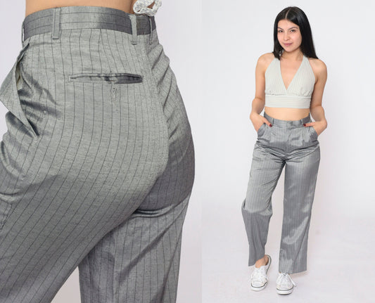 90s Grey Pinstripe High-Waisted Pleated Straight-Leg Trousers Small