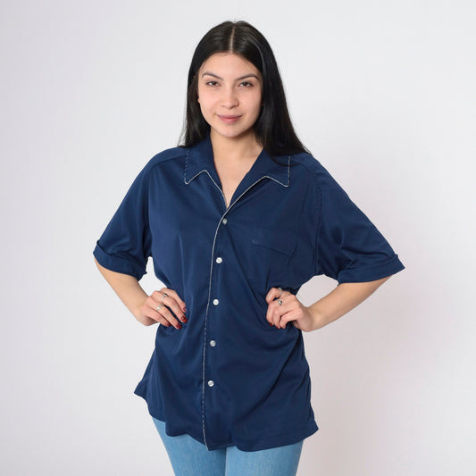 70s Navy Button Up Shirt White Scalloped Trim Short Sleeve Extra Large